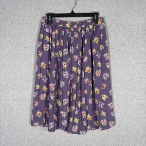 Vintage Pleated Midi Skirt 6P Purple Floral Chiffon Flowy Granny Cottage 90s 80s